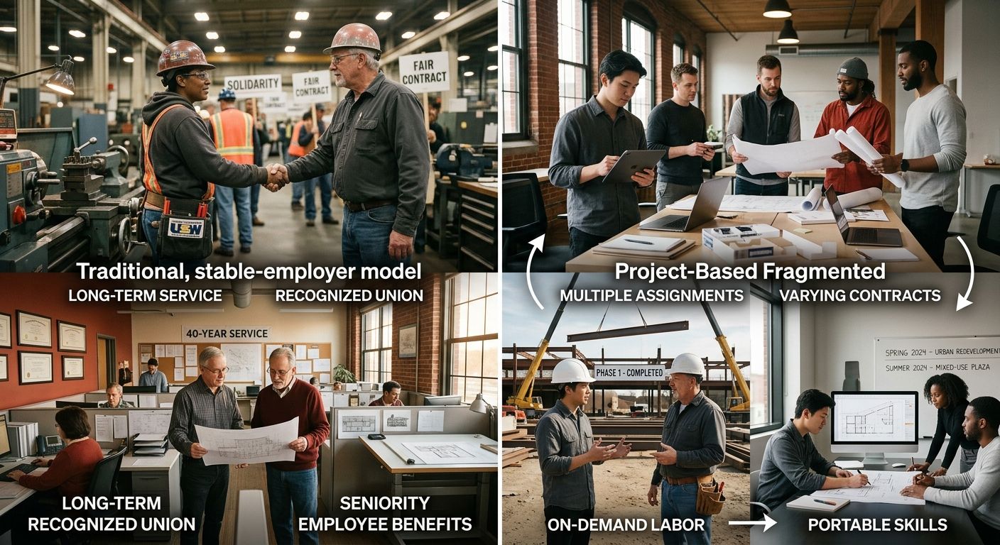 A visual comparison showing traditional stable-employer organizing model versus project-based fragmented organizing model in architecture, with workers flowing between multiple firms and projects over