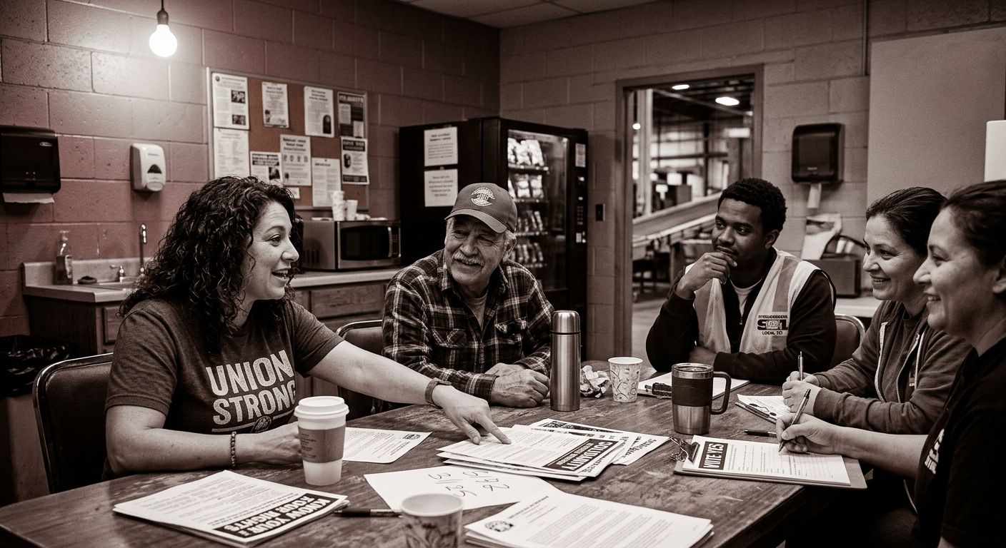 Photograph-style illustration of a diverse group of workers in a breakroom having an animated, positive conversation around a table with papers and coffee cups, representing grassroots union organizin