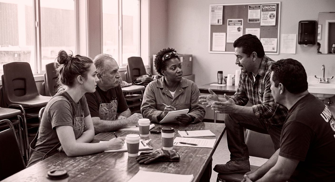 A diverse group of workers in a breakroom-style setting engaged in animated small group discussion, with one person holding a notepad and listening intently — representing a grassroots, listening-firs