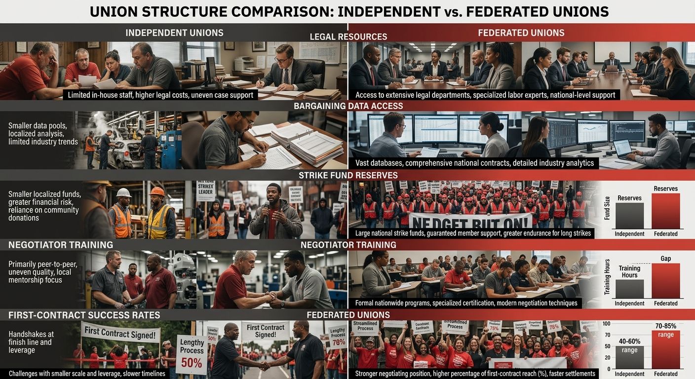 An infographic comparing independent unions versus federated unions across five categories: legal resources, bargaining data access, strike fund reserves, negotiator training, and first-contract succe