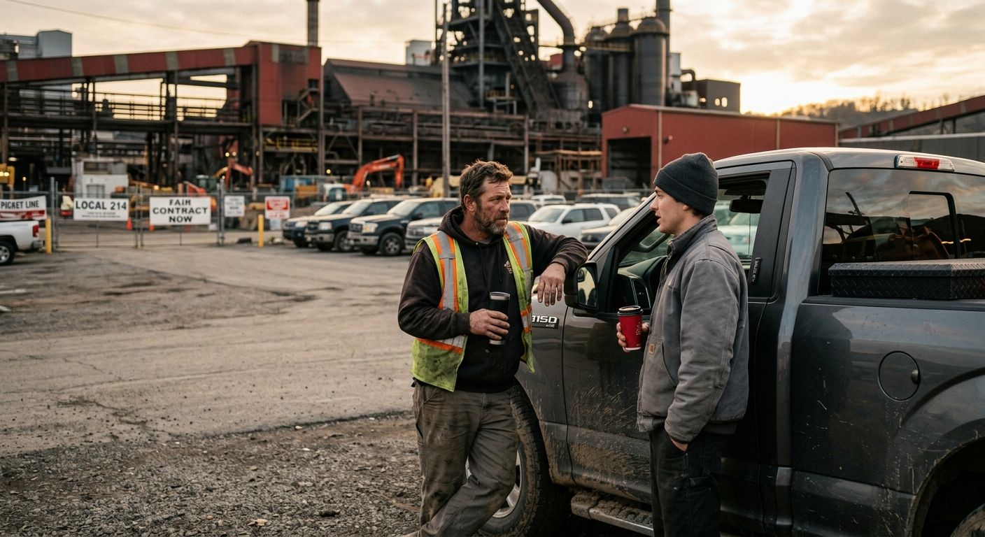 A photograph-style illustration of two workers having a quiet, focused one-on-one conversation over coffee in a parking lot, one leaning against a truck, conveying trust and mutual respect