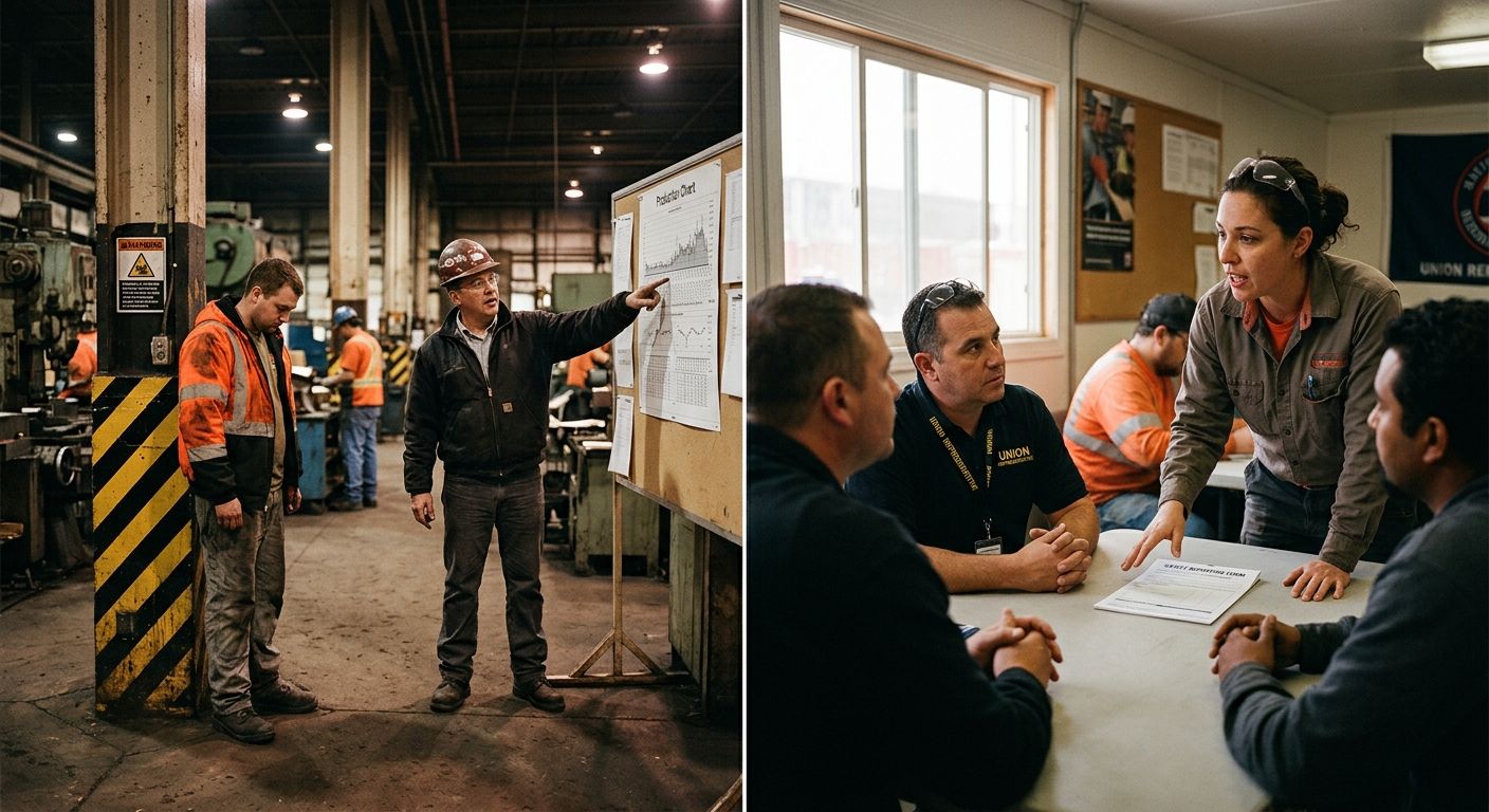 Illustration depicting two contrasting workplace scenes side by side — on the left, a worker standing silently next to a hazard sign while a supervisor points at a production chart, and on the right, 