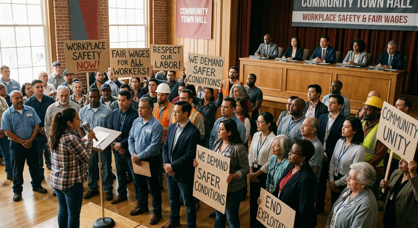A photograph-style illustration of diverse workers and community members gathered at a town hall meeting, some standing at microphones, others holding signs about workplace safety and fair wages, with