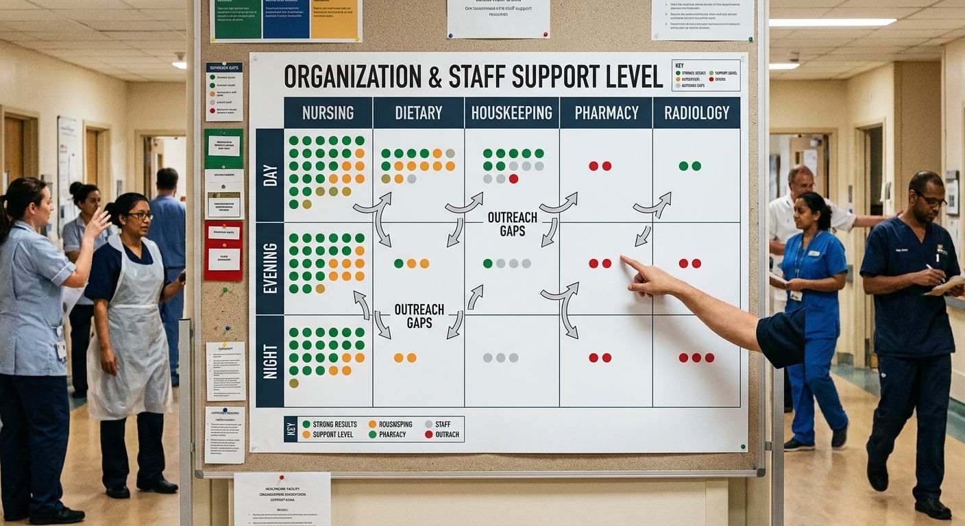 An infographic showing a workplace organizing chart structure for a healthcare facility, with departments like Nursing, Dietary, Housekeeping, Pharmacy, and Radiology arranged in columns, shift rows l