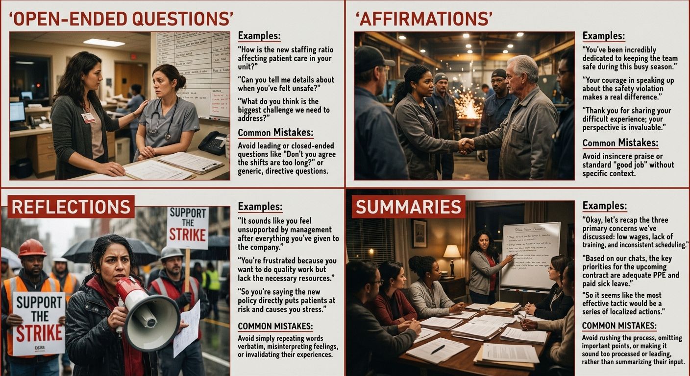 An infographic showing the OARS listening framework for organizers with four quadrants - Open-ended Questions, Affirmations, Reflections, and Summaries - each with healthcare-specific examples and com