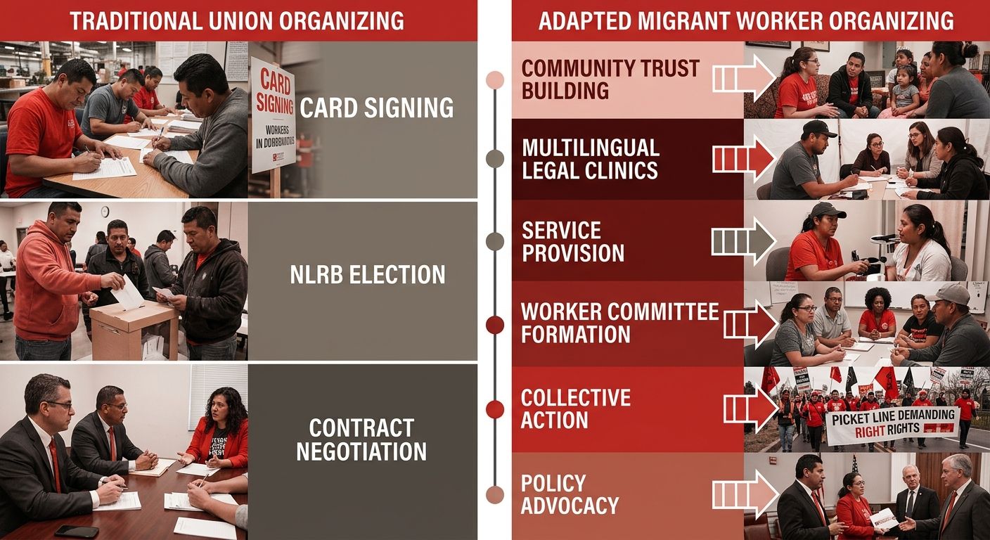An infographic comparing traditional union organizing steps (card signing, NLRB election, contract negotiation) versus adapted migrant worker organizing steps (community trust building, multilingual l
