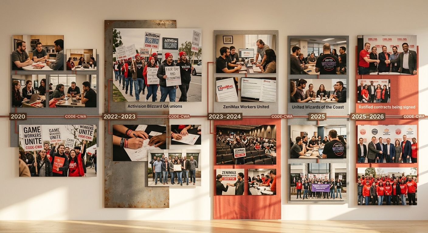 A timeline visualization showing major game developer union milestones from 2020 to 2026, including ZeniMax Workers United, Activision Blizzard QA unions, and United Wizards of the Coast, with CODE-CW