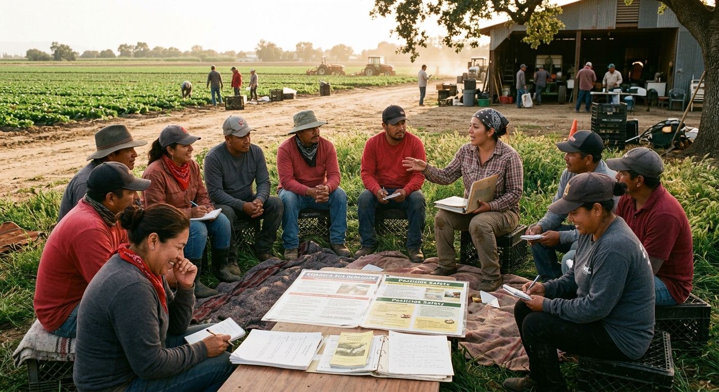 A photograph-style illustration of a diverse group of farmworkers gathered in a circle outdoors during a peer-led education session, with multilingual materials visible and a facilitator who is also a