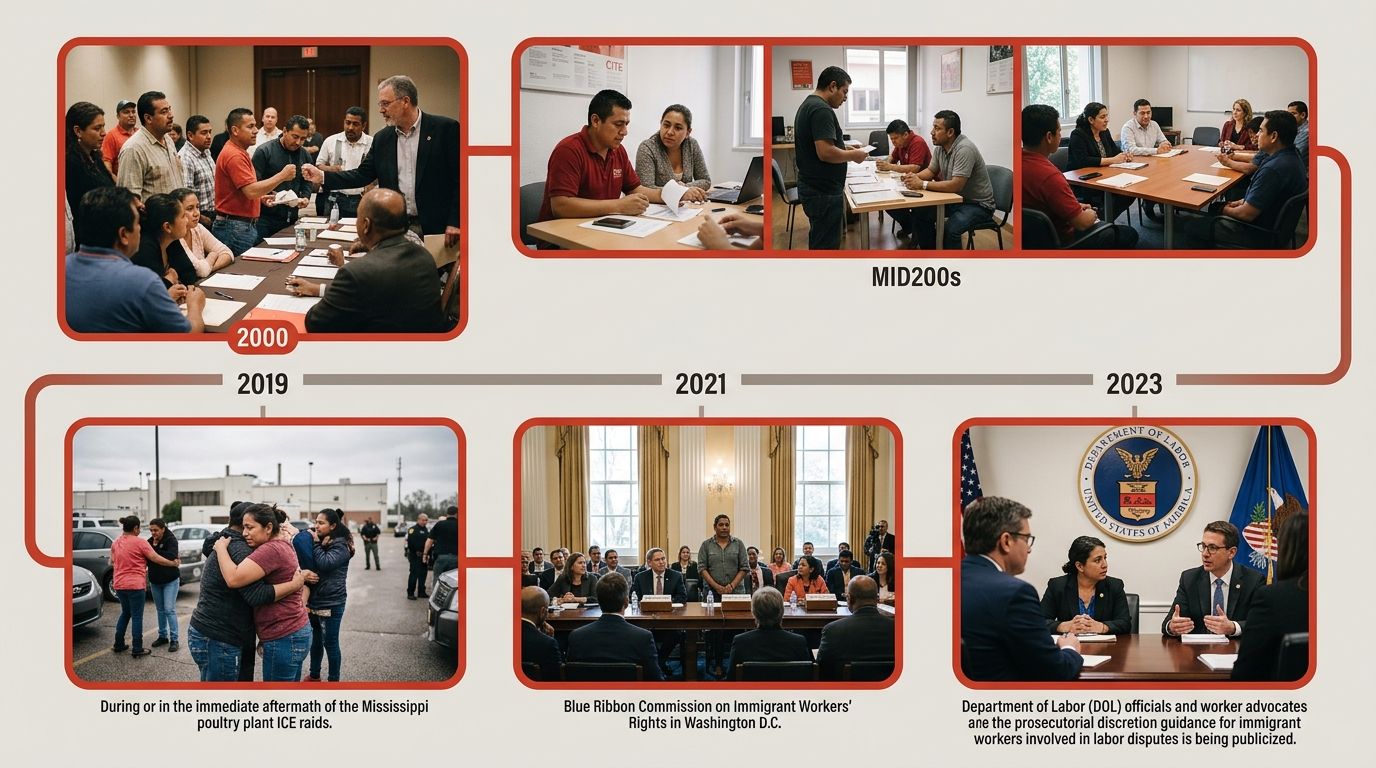 A timeline illustration showing key milestones in migrant worker organizing from 2000 to 2024, including the AFL-CIO policy reversal in 2000, the establishment of Spanish CITEs in the mid-2000s, the 2