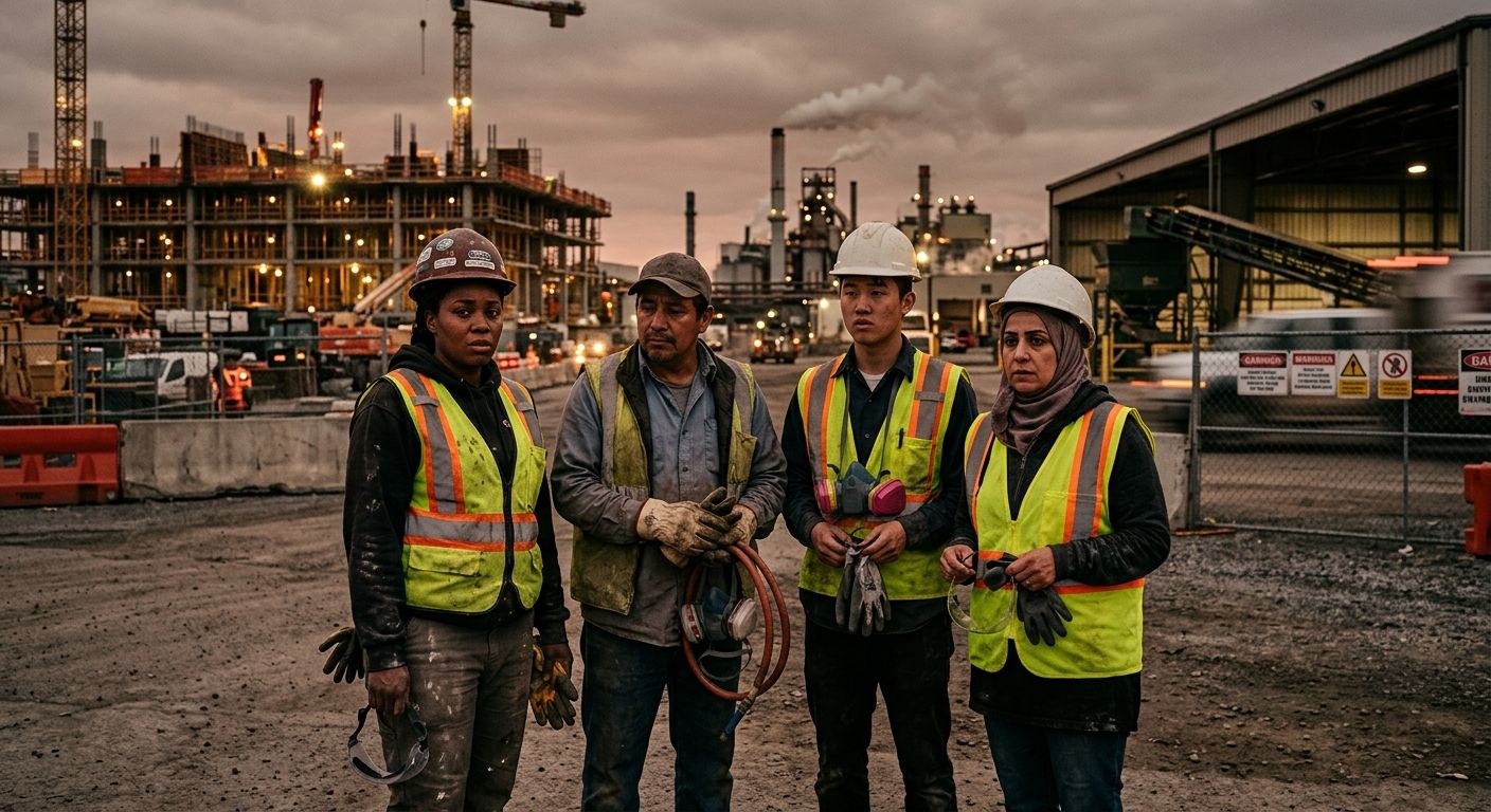 A diverse group of workers in different industries (construction, agriculture, warehouse) holding safety equipment but looking concerned, representing the disproportionate safety risks faced by worker
