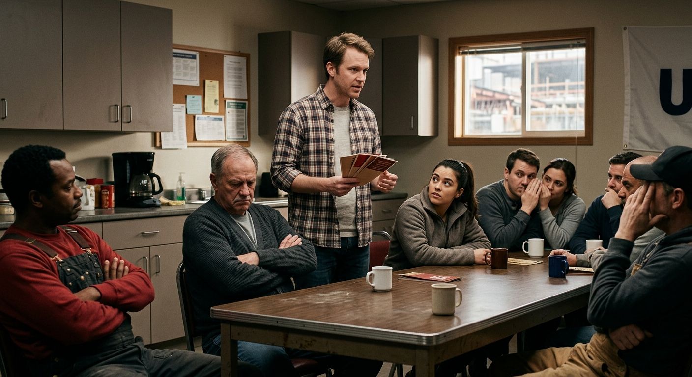 A realistic illustration of a workplace break room where one person stands at the front holding pamphlets while seated workers look skeptical, arms crossed, exchanging uncertain glances with each othe