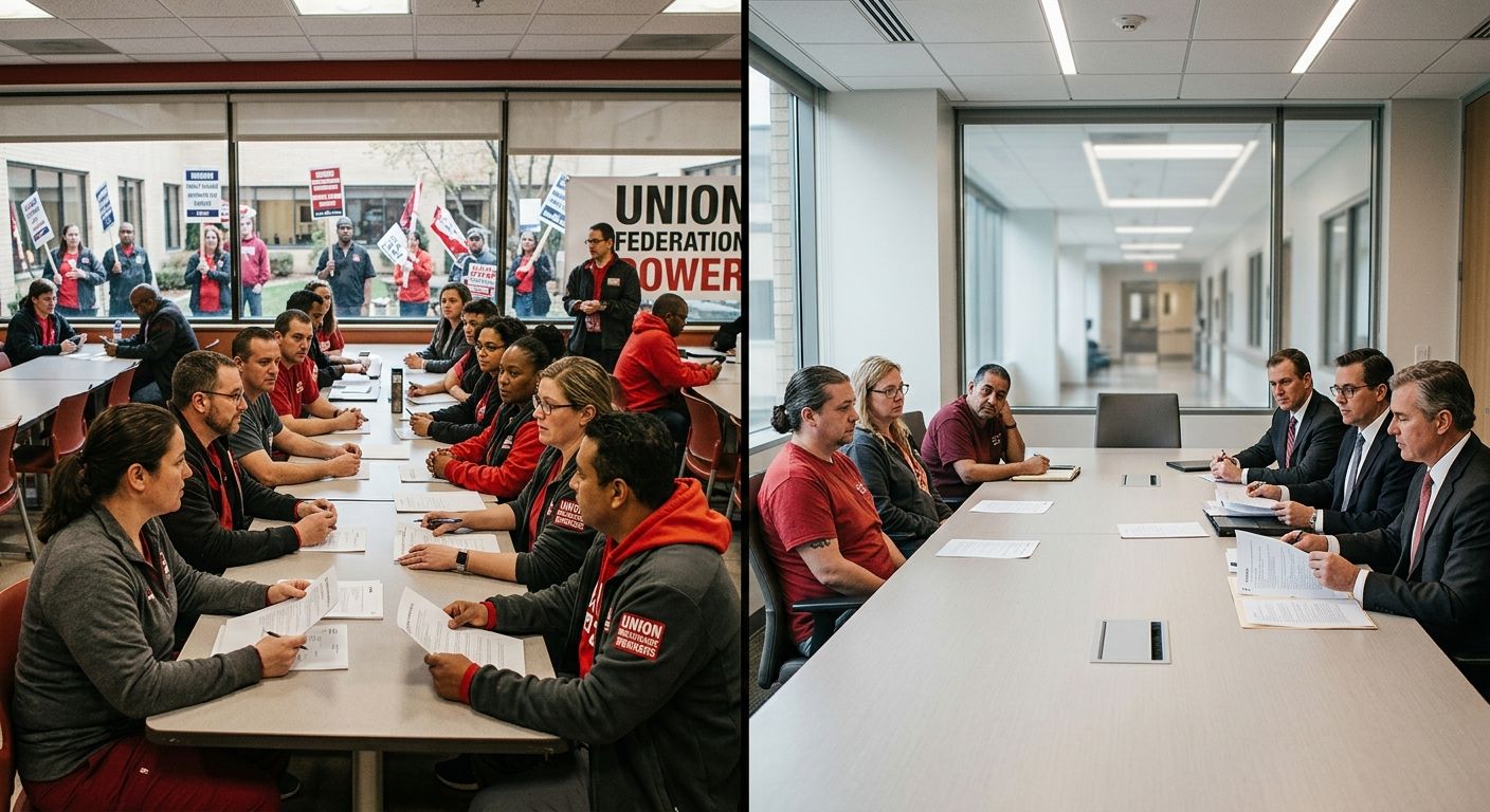 A side-by-side comparison illustration of two healthcare facilities — one with workers backed by a large union federation showing organized bargaining, and one with an isolated independent union facin