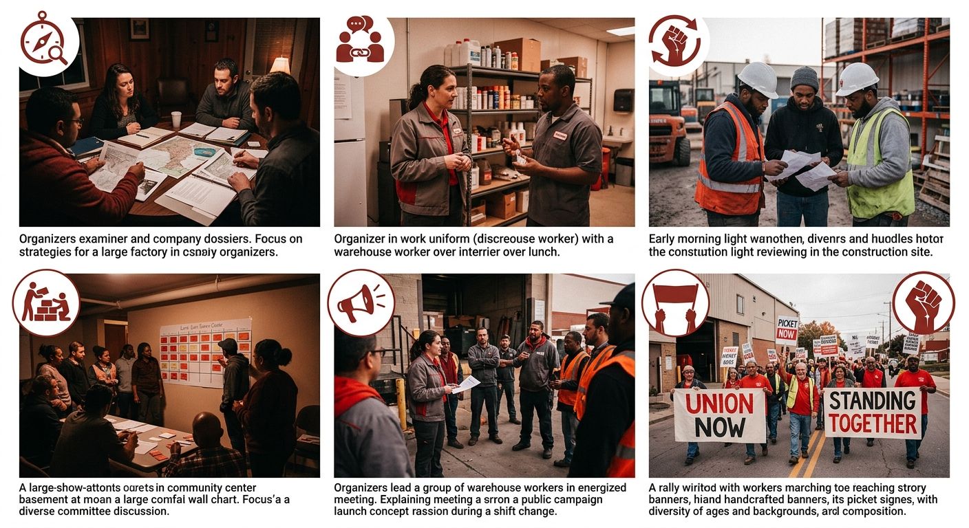 A step-by-step visual guide showing six phases of a union salting campaign, from target selection through committee building to going public, with icons representing each phase