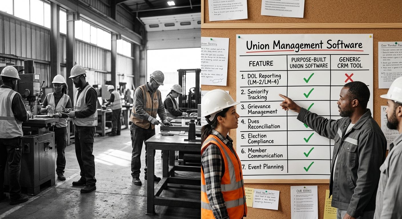 A comparison table showing key features of purpose-built union management software versus generic CRM tools, with checkmarks and X marks for features like DOL reporting, seniority tracking, grievance