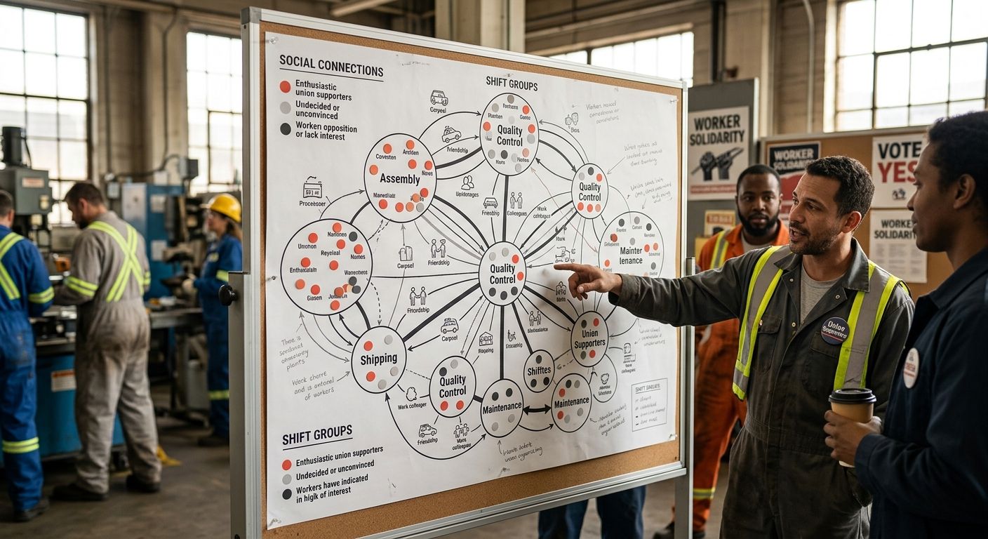 A workplace map diagram showing different departments, shifts, and social connections between workers, with color-coded dots indicating union supporters, undecided workers, and anti-union workers