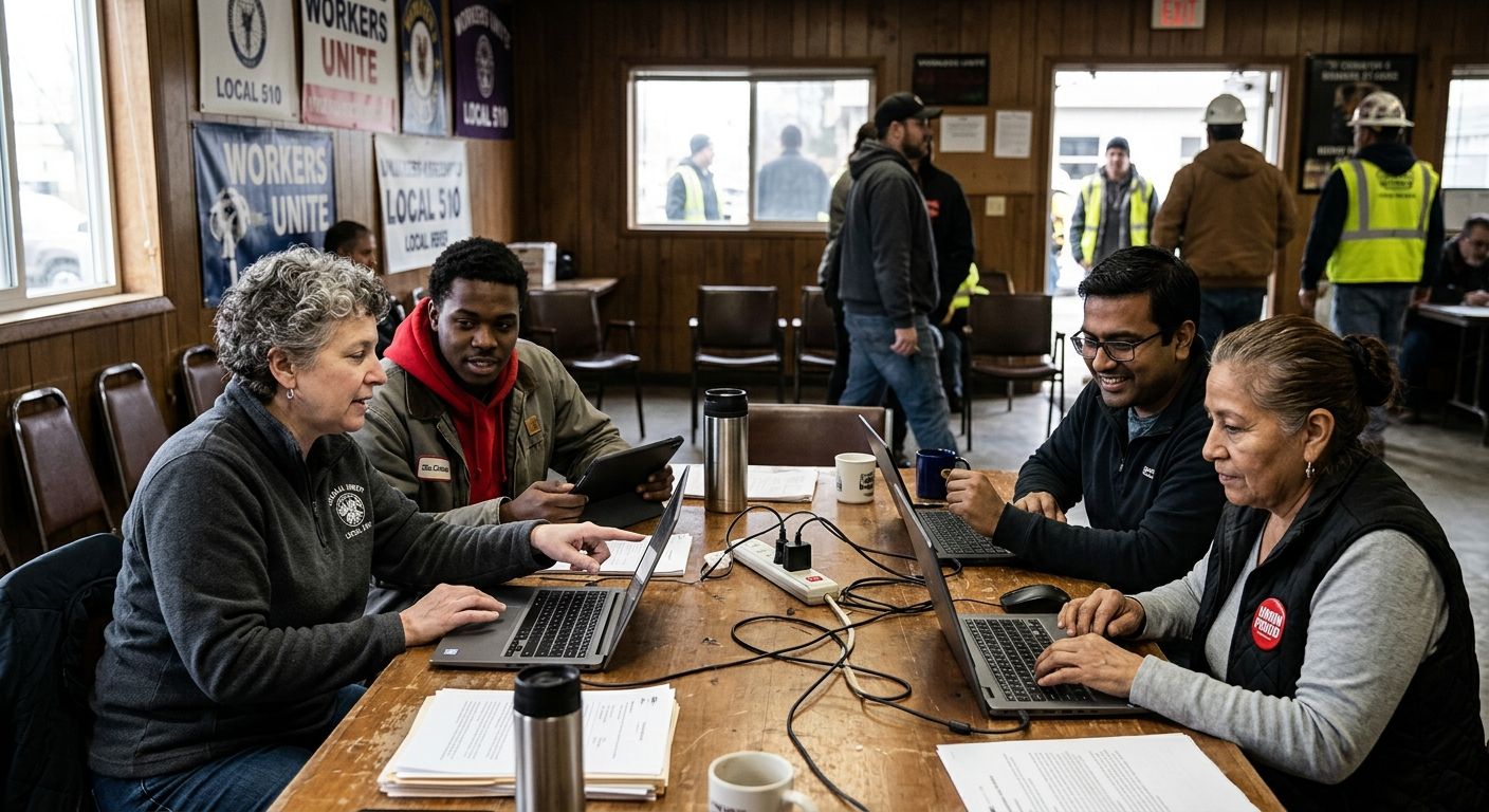 A photograph-style illustration of a diverse group of union stewards gathered around a table with laptops and tablets, collaborating on digital organizing tools in a union hall setting