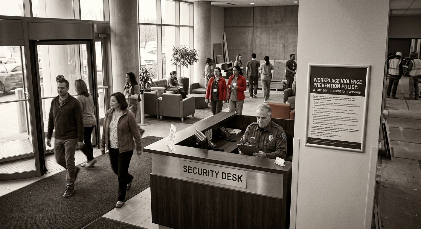 Hospital lobby entrance with security desk and posted workplace violence prevention policy sign