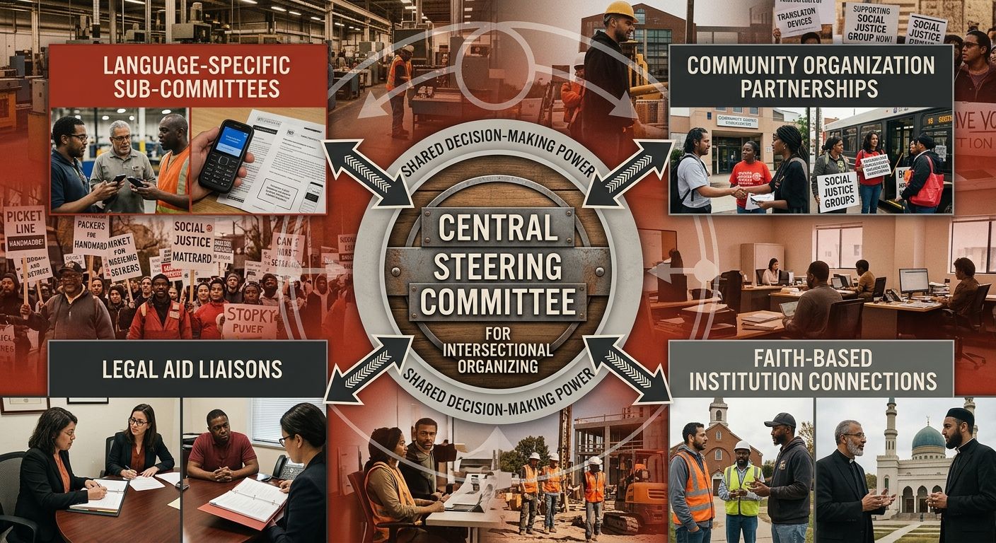 A diagram showing a union organizing committee structure redesigned for intersectional organizing—a central steering committee connected to language-specific sub-committees, community organization par