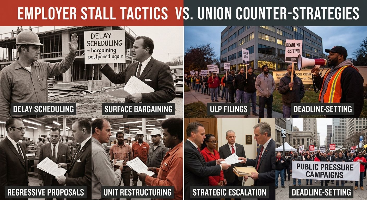 A diagram showing common employer stall tactics on the left (delay scheduling, surface bargaining, regressive proposals, unit restructuring) and corresponding union counter-strategies on the right (UL