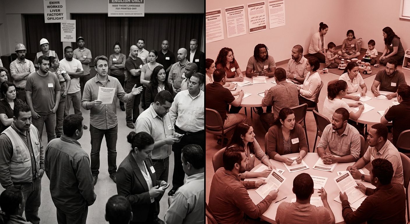 A split-scene illustration showing two contrasting organizing meetings—one where a single organizer addresses a disengaged, confused multilingual crowd with one-language materials, and another where d