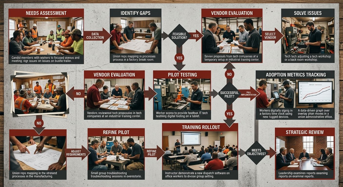 A flowchart diagram showing a union technology deployment strategy, with stages including needs assessment, vendor evaluation, pilot testing, training rollout, adoption metrics tracking, and strategic