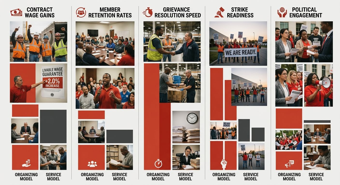 Infographic comparing organizing model vs. service model unions across five metrics — contract wage gains, member retention rates, grievance resolution speed, strike readiness, and political engagemen
