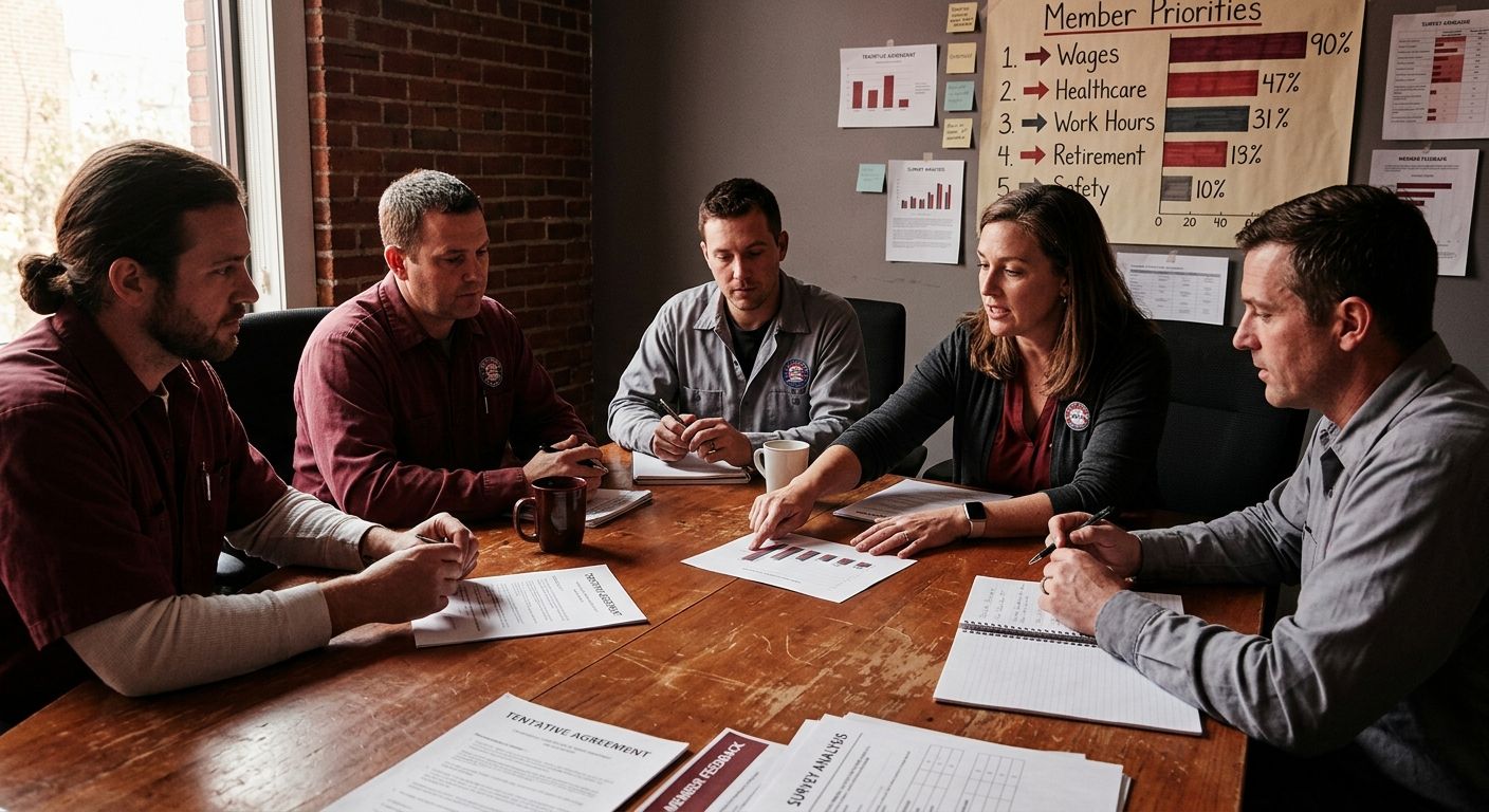 A meeting scene showing workers gathered around a table reviewing contract proposals and survey results, with charts on the wall showing member priorities ranked by importance