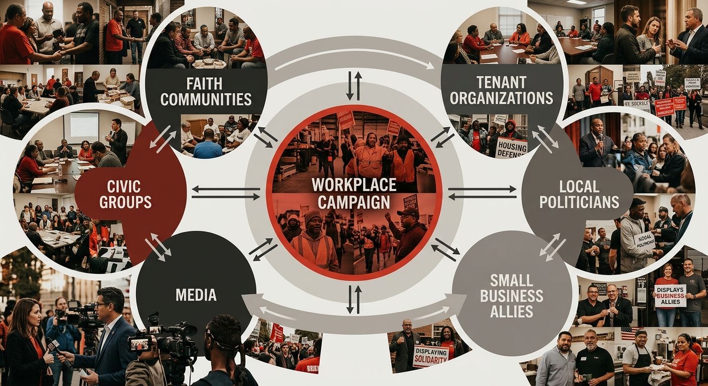An infographic showing the ripple effect of community-based organizing — center circle labeled "Workplace Campaign" surrounded by connected nodes for Faith Communities, Tenant Organizations, Local Pol