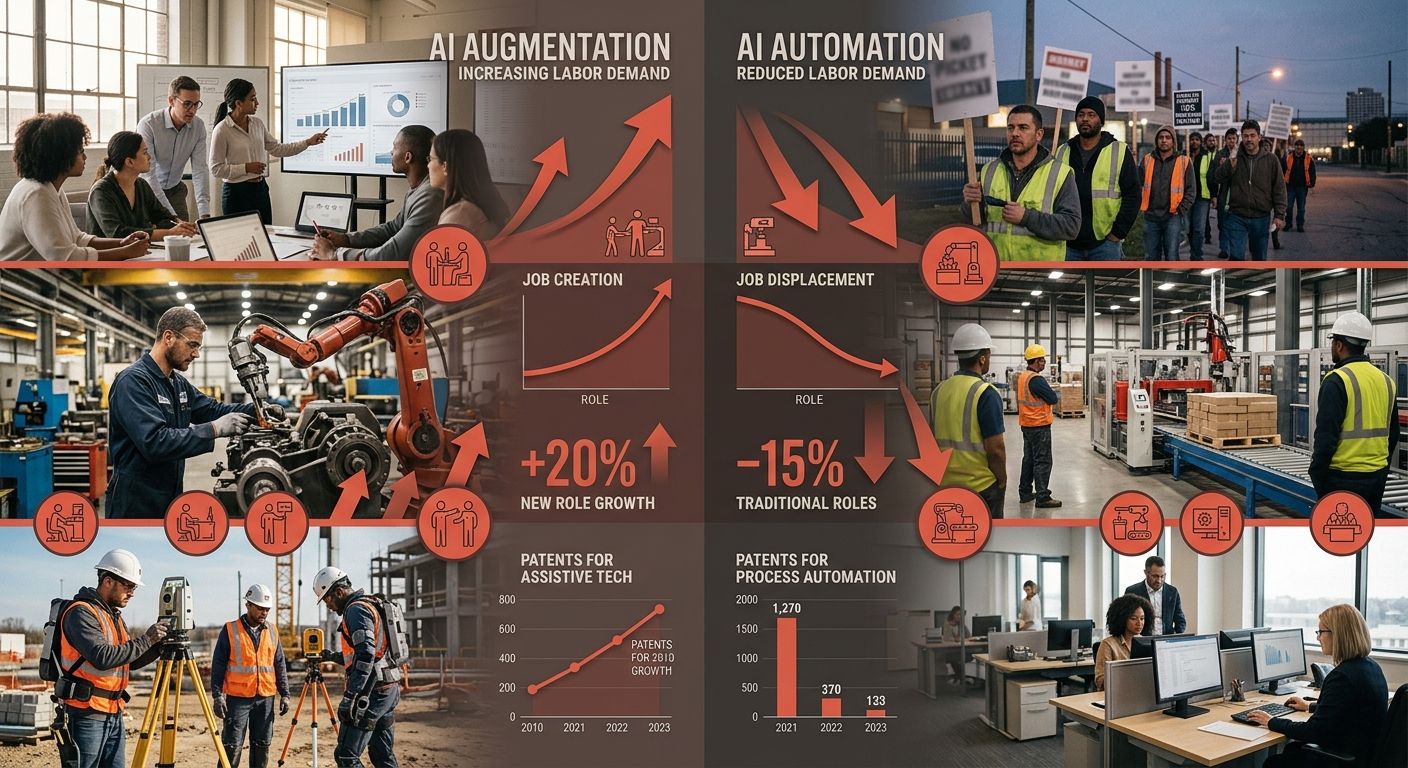 An infographic showing two parallel tracks - one labeled "AI Augmentation" showing increased labor demand with upward arrows, and one labeled "AI Automation" showing reduced labor demand with downward