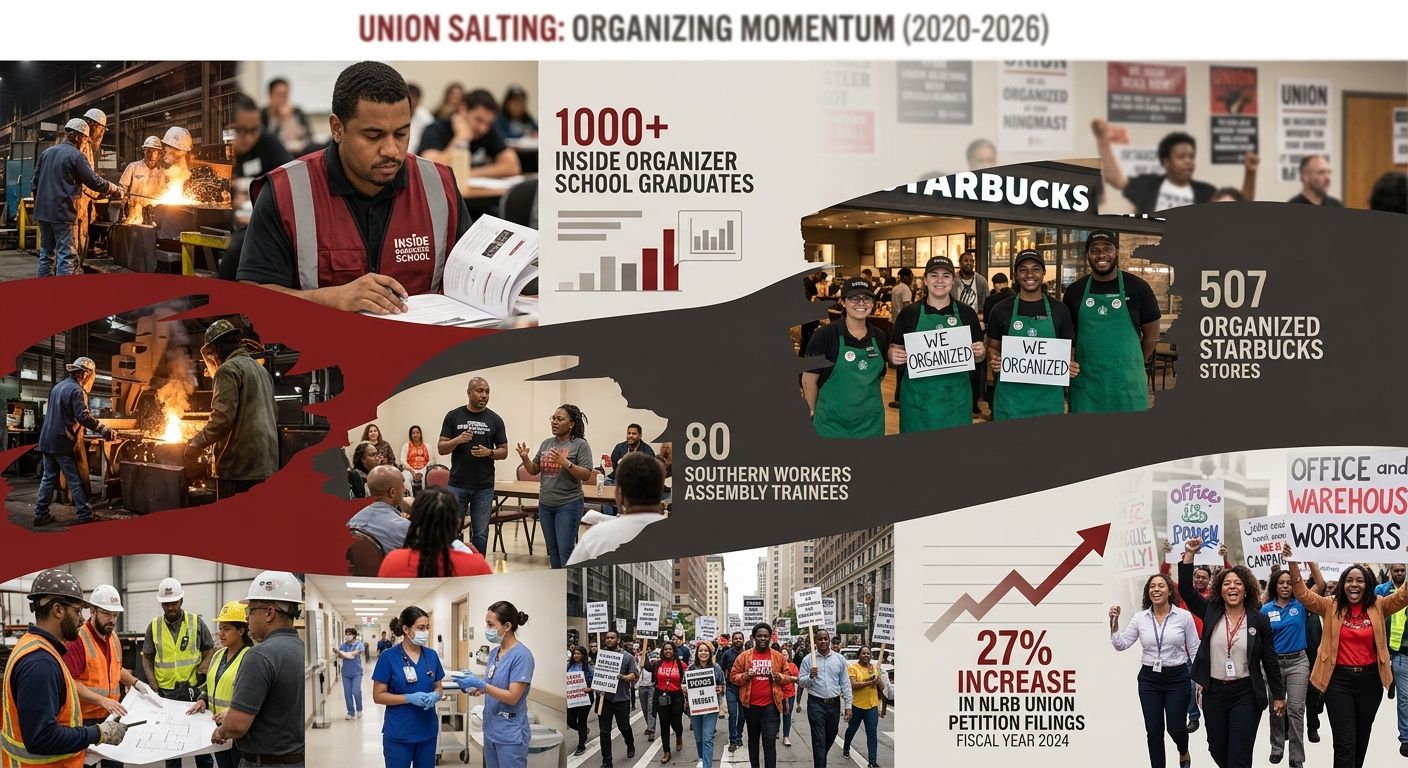 An infographic showing the growth of union salting programs from 2020 to 2026, with data points including 1000-plus Inside Organizer School graduates, 507 organized Starbucks stores, 80 Southern Worke