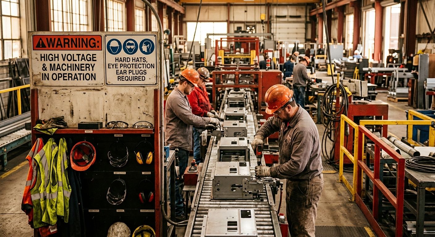 Industrial assembly line with safety warning signs and protective equipment stations