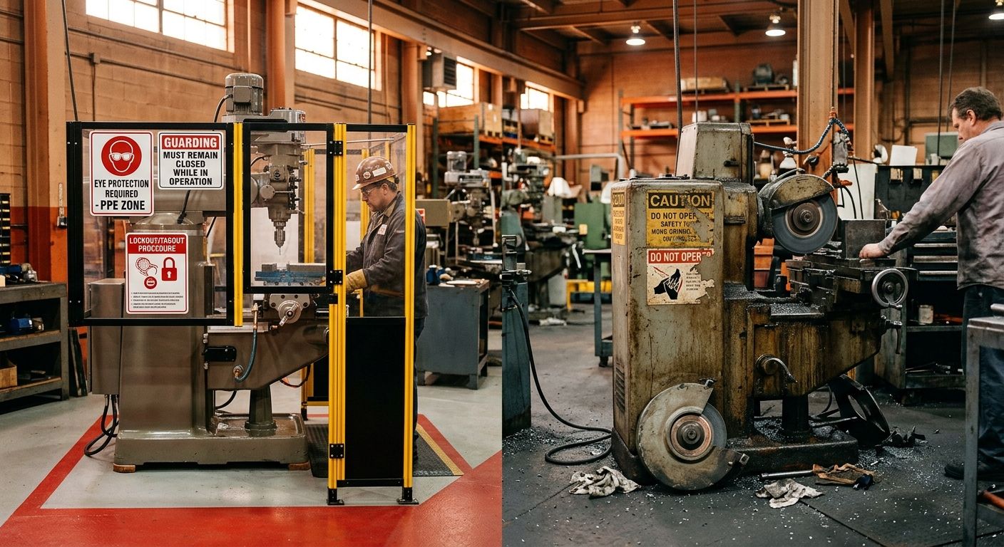 A photo-realistic illustration of a factory floor showing a contrast between a clean, well-guarded machine with proper safety signage on one side and a neglected, unguarded machine with faded warning