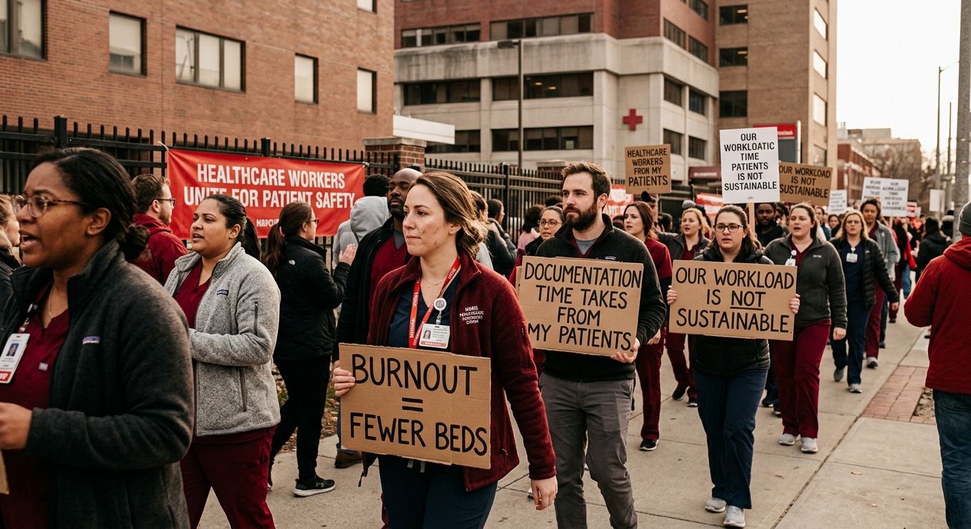 A photograph-style illustration of healthcare workers on a picket line holding signs about workload, burnout, patient care quality, and documentation time, with a hospital building visible in the back