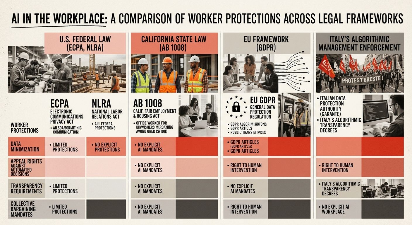 A comparison chart showing worker protections against AI workplace monitoring across different legal frameworks — US federal law (ECPA, NLRA), California state law (AB 1008), EU framework (GDPR), and 