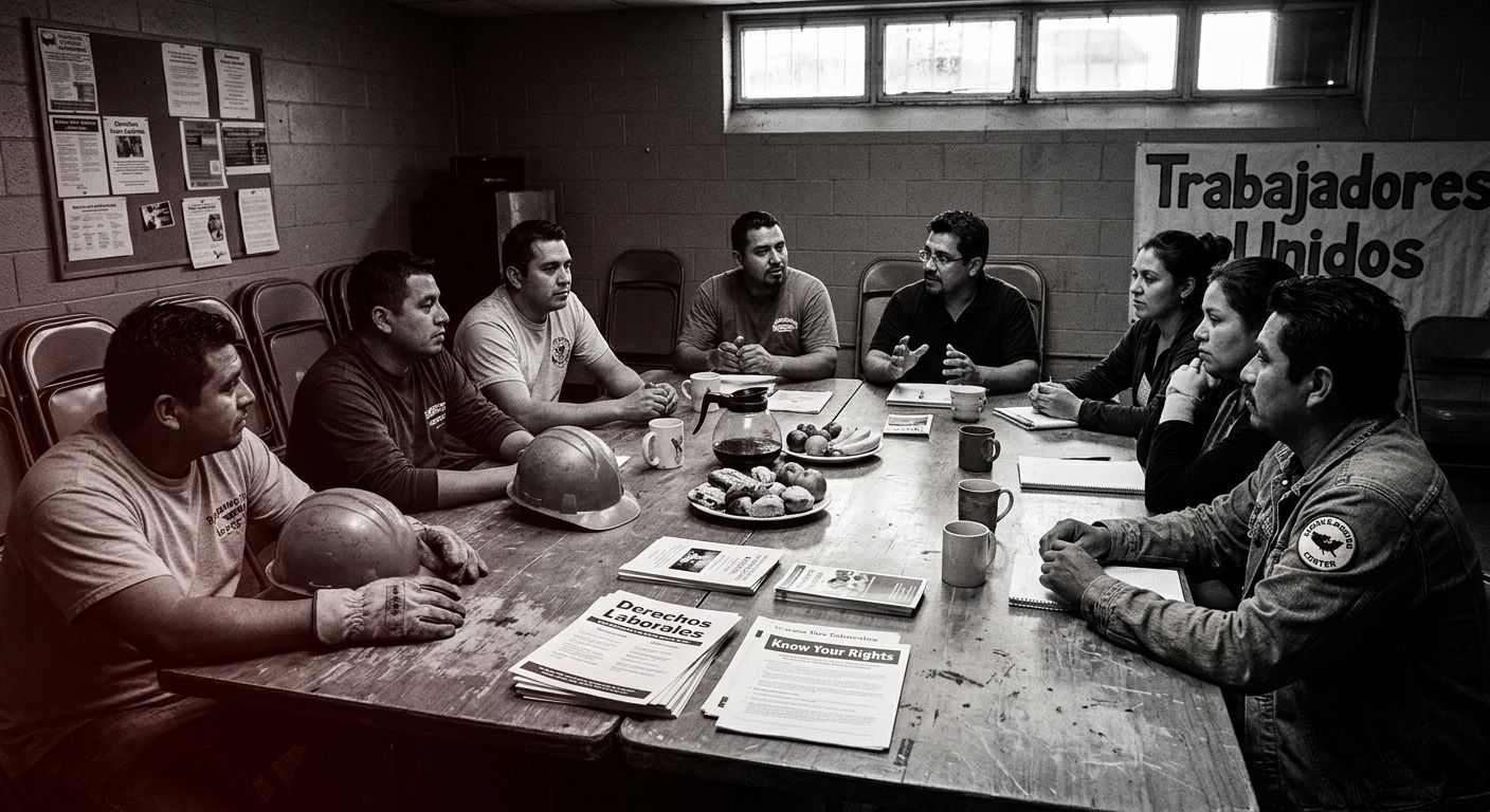 A photograph-style illustration of diverse workers gathered around a community table with multilingual organizing materials, legal documents, and shared food, representing a worker center meeting in a