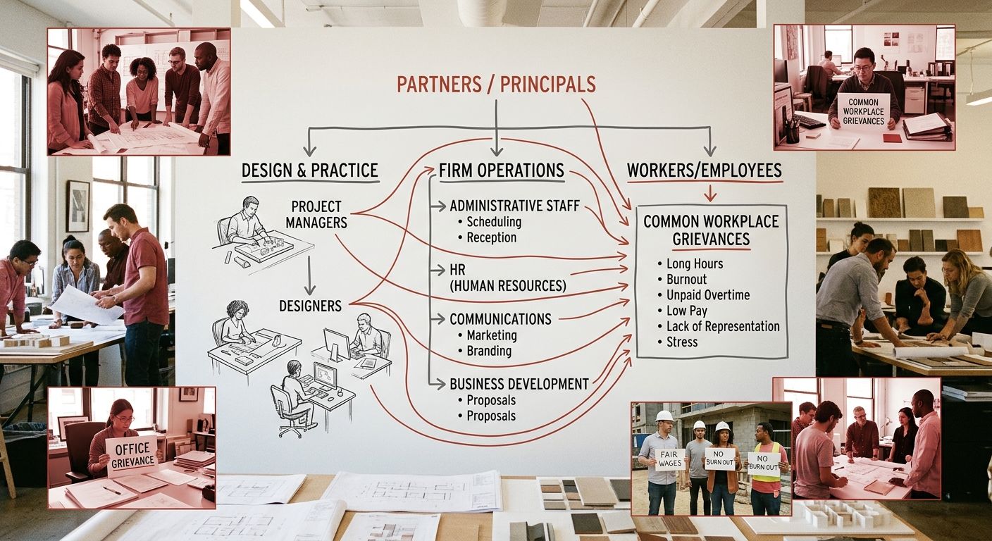 A diagram of a typical architecture firm's organizational structure showing designers, project managers, administrative staff, HR, communications, and business development — with arrows indicating all