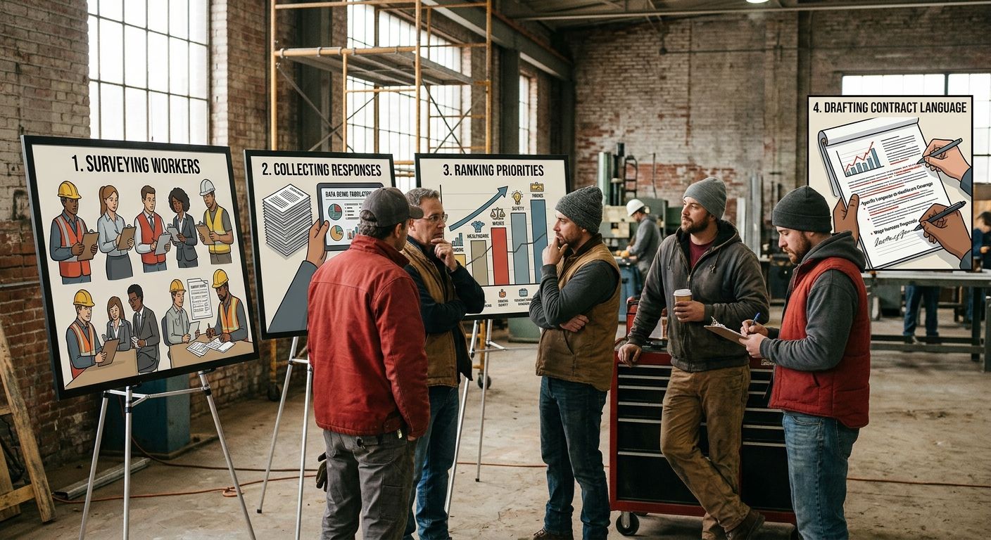 A visual showing the survey-to-demand pipeline, depicting workers in conversation, survey responses being collected, priorities being ranked, and specific contract language being drafted from those pr
