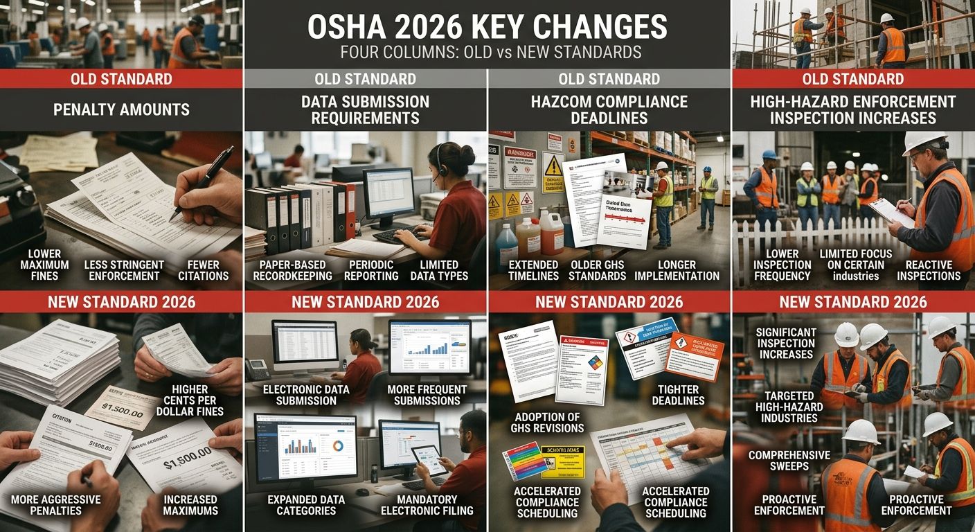 An infographic showing OSHA 2026 key changes - four columns comparing old vs new standards for: penalty amounts, data submission requirements, HazCom compliance deadlines, and high-hazard enforcement 