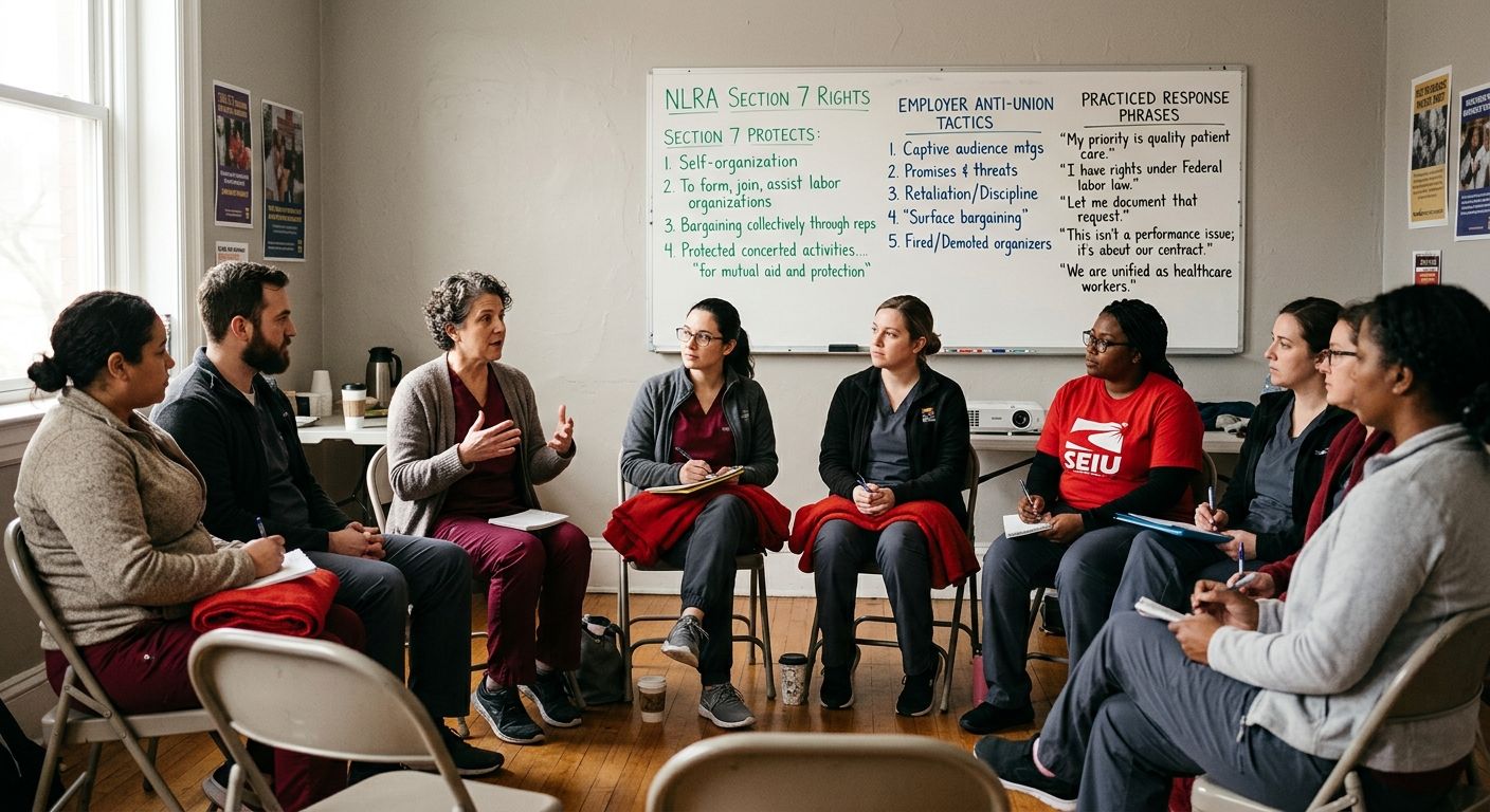 A training session showing healthcare workers seated in a circle in a community meeting space, with a whiteboard behind them displaying handwritten notes about NLRA Section 7 rights, common employer a