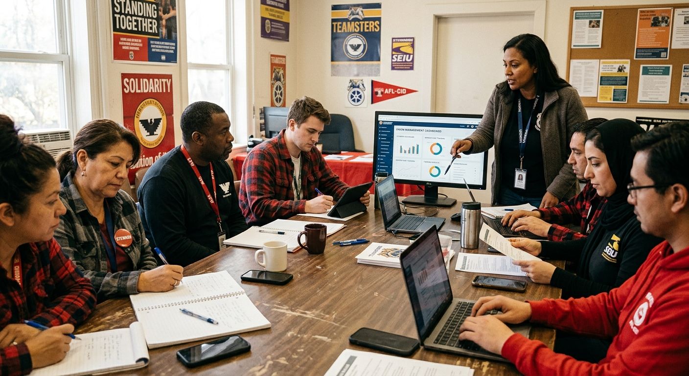 A diverse group of union stewards sitting around a table during a hands-on technology training session, with a facilitator pointing at a screen showing a union management dashboard, notebooks and phon