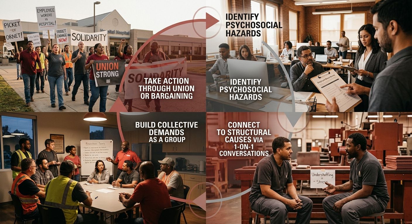 A diagram showing the organizing conversation cycle with four connected stages: identifying psychosocial hazards in the workplace, connecting individual stress experiences to structural causes through