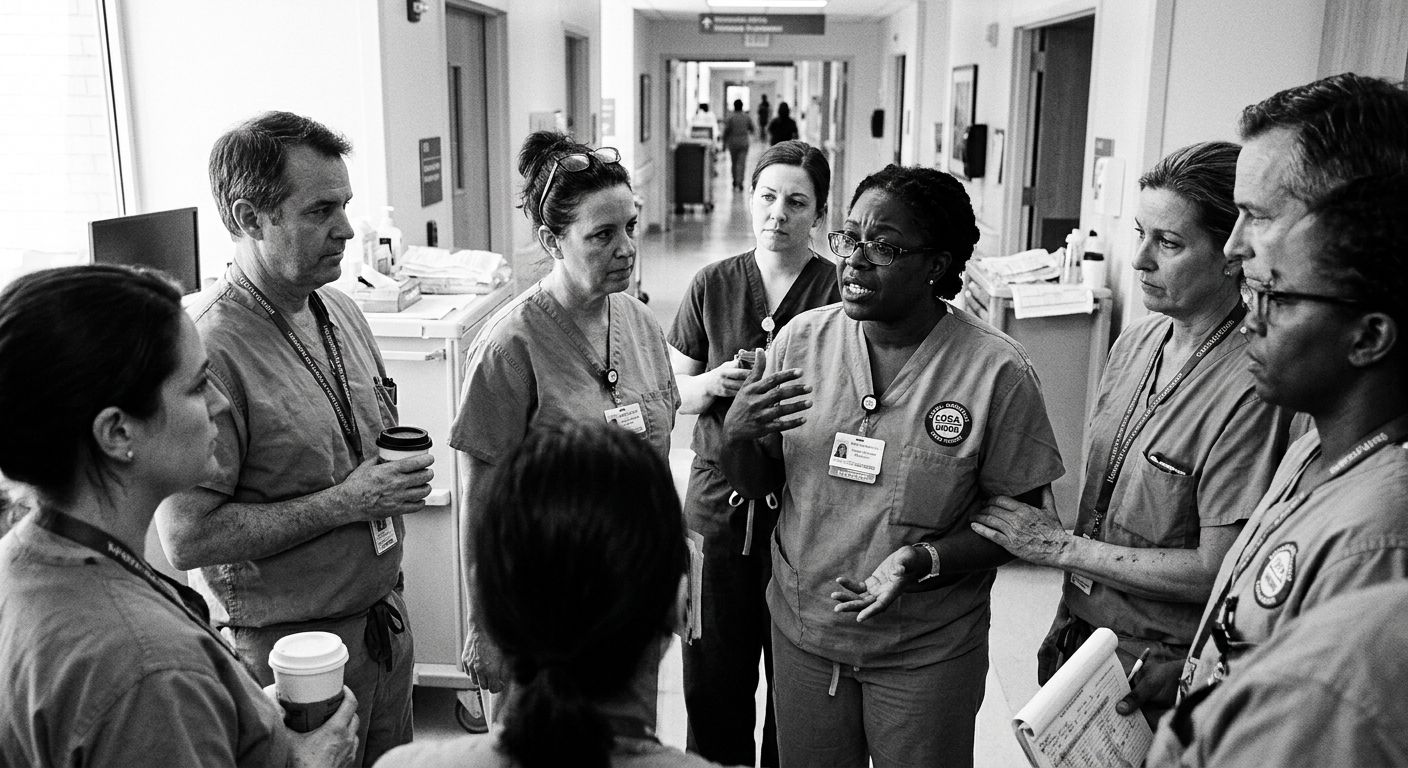 A diverse group of healthcare workers including nurses, aides, and support staff gathered in a circle during a shift change, engaged in discussion about workplace conditions, with a hospital hallway v
