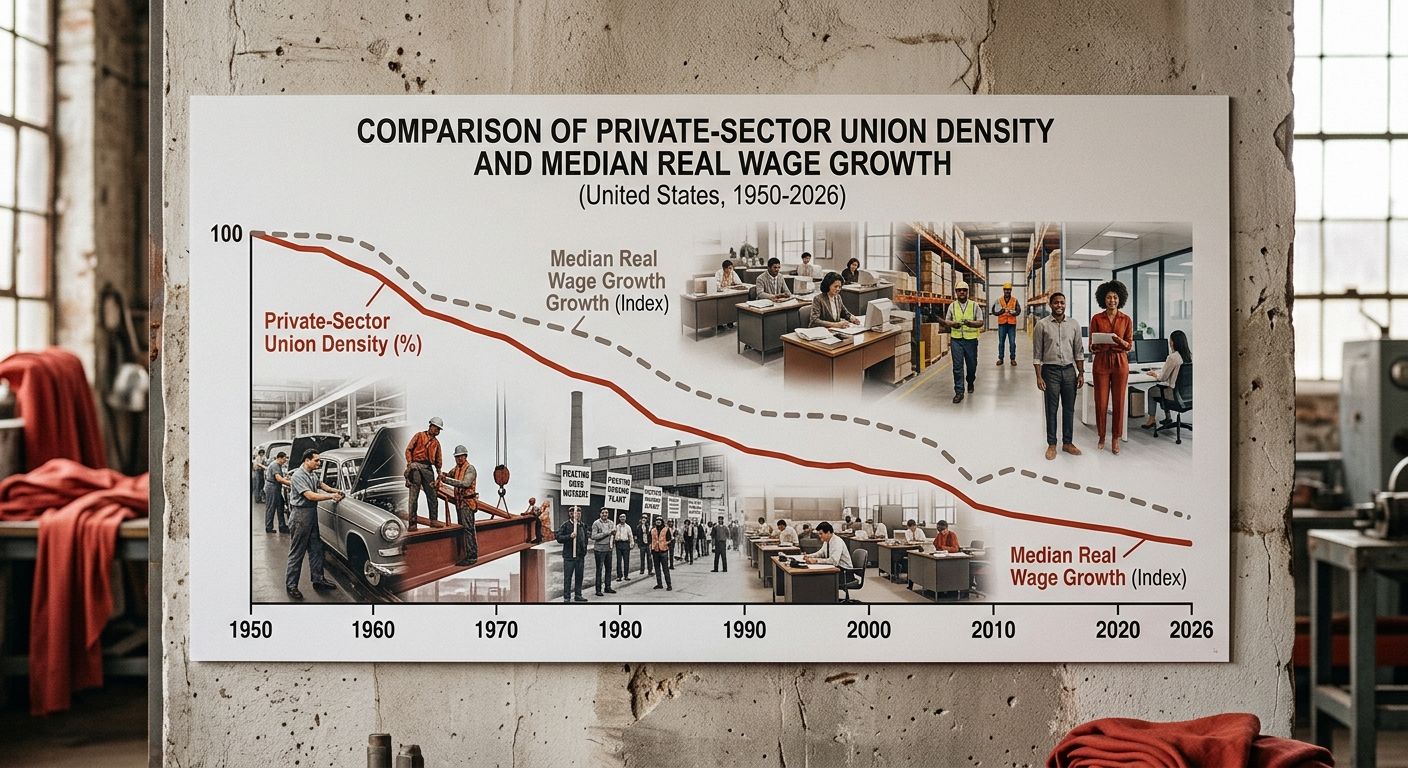 a chart comparing private-sector union density in the United States from 1950 to 2026 alongside median real wage growth, showing both declining together over the same period in parallel trendlines