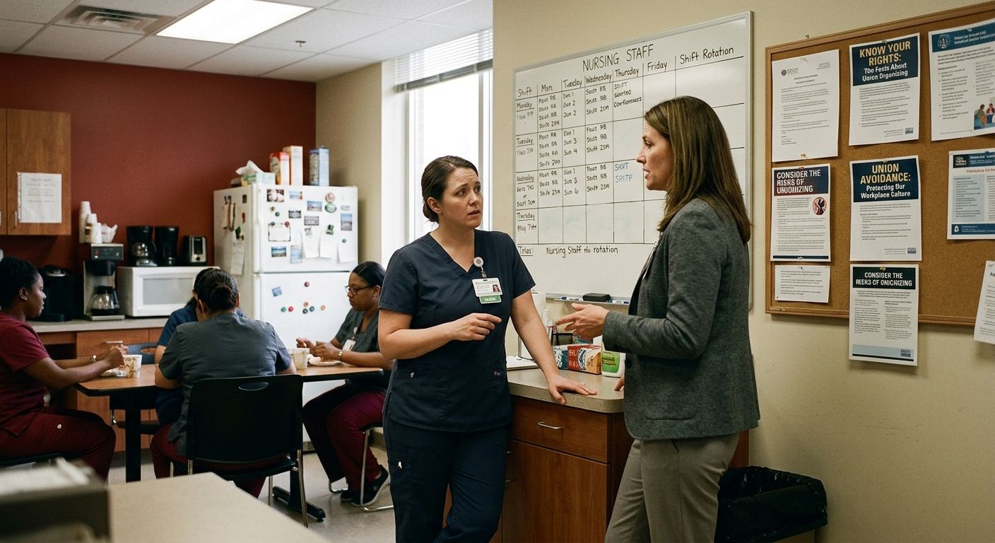 A workplace break room with anti-union flyers pinned on a bulletin board reading union avoidance talking points, while a manager talks to a concerned nurse near a scheduling whiteboard