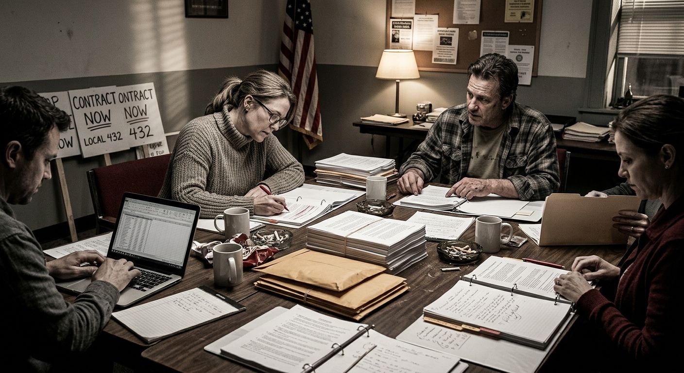 A photograph-style illustration of a union negotiating table with stacks of contract documents, side letters, and annotation notes, showing the physical reality of contract drafting work