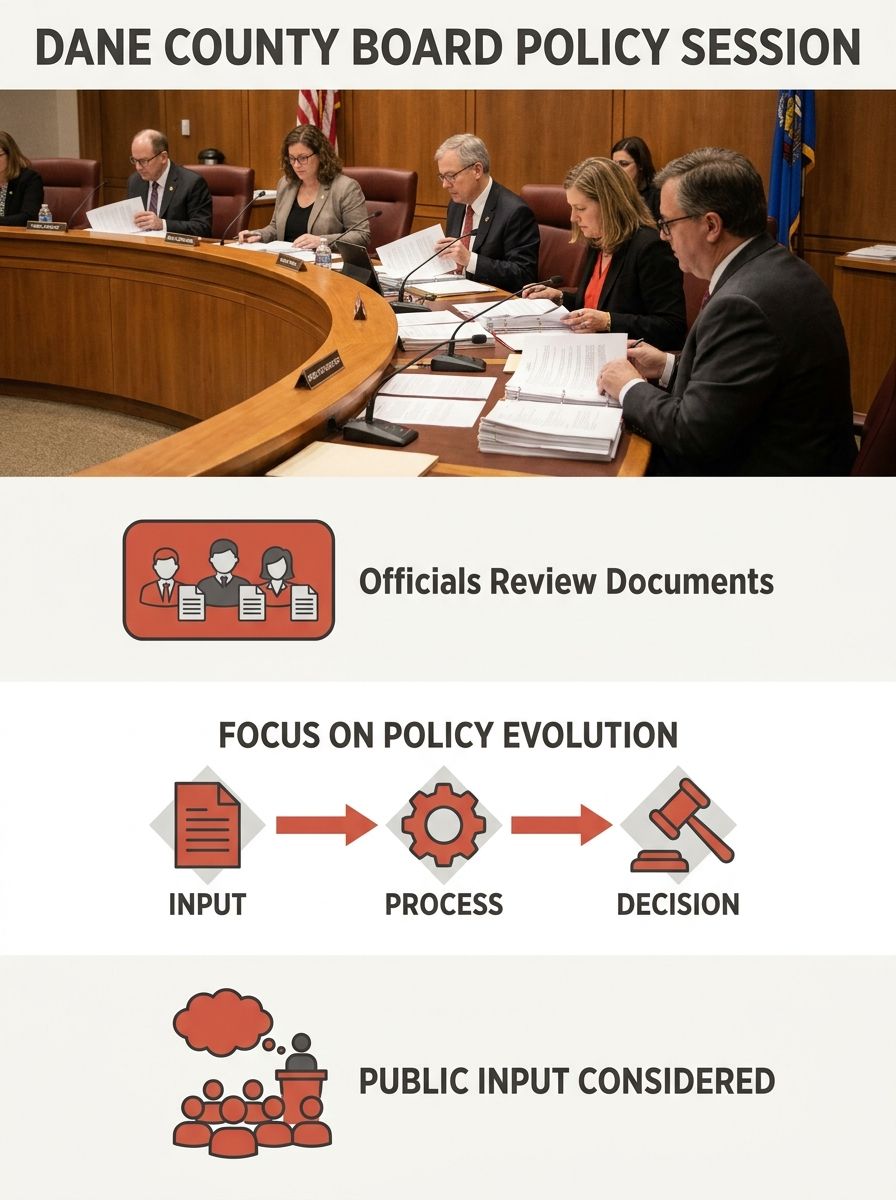 Dane County Board chambers during session, with officials at curved desk reviewing policy documents