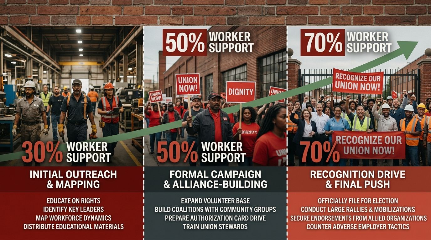 A horizontal timeline graphic showing three organizing visibility thresholds at 30 percent, 50 percent, and 70 percent worker support, with specific recommended actions listed beneath each stage and a