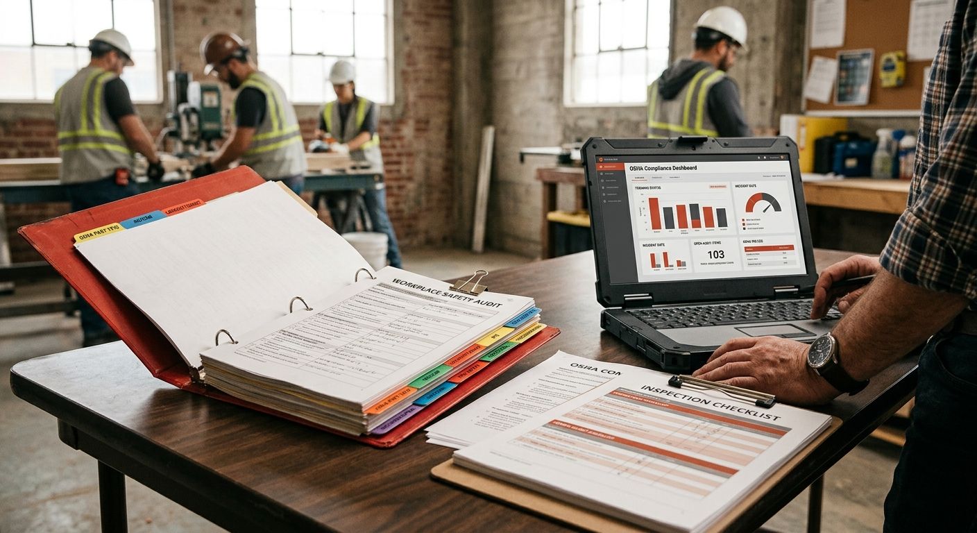 a detailed workplace safety audit binder open on a table, showing organized sections with labeled tabs for different OSHA standards, alongside printed inspection checklists and a laptop displaying an 