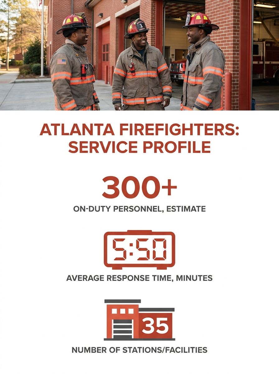 Atlanta firefighters in uniform standing outside a fire station