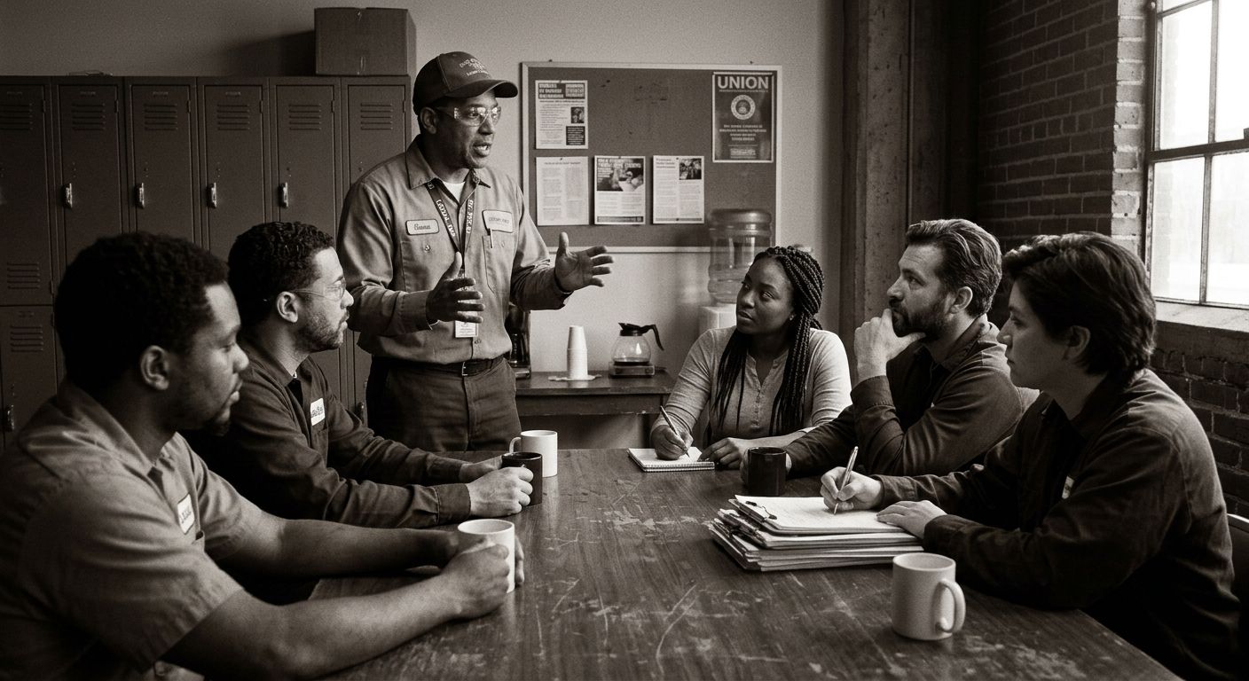 A workplace scene showing a diverse group of workers in a breakroom having an animated organizing conversation around a table, with one worker standing and addressing the group while others take notes